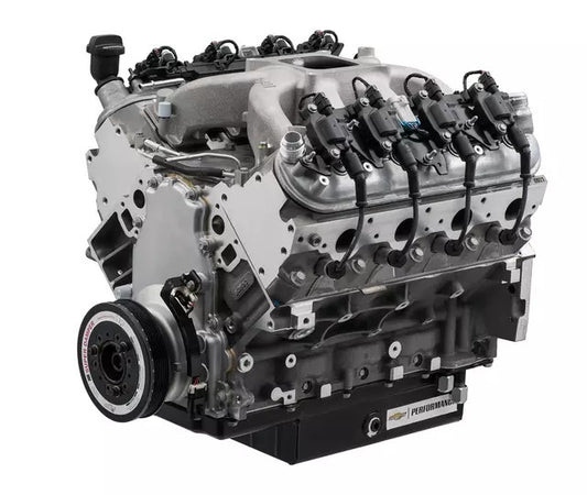 Chevrolet Performance LS-series engine with carbureted intake manifold and racing oil pan.