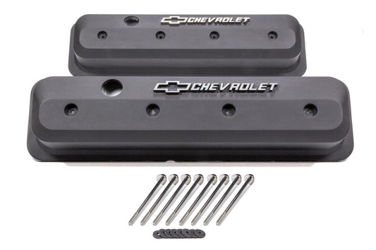 Valve Covers; SBC; 87-Pre LS; Ctr Bolt; Tall; Alum; Blk Crinkle; Raised Emblems