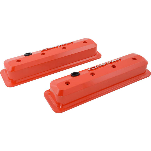 Valve Covers; SBC; 87-Pre LS; Ctr Bolt; Tall; Alum; Orange; Raised Emblems