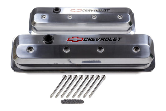 Valve Covers; SBC; 87-Pre LS; Ctr Bolt; Tall; Alum; Polished; Recessed Emblems