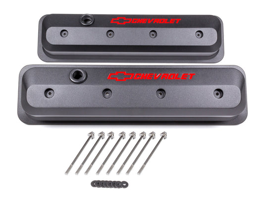 Valve Covers; SBC; 87-Pre LS; Ctr Bolt; Tall; Alum; Black Crinkle; Rec Emblems